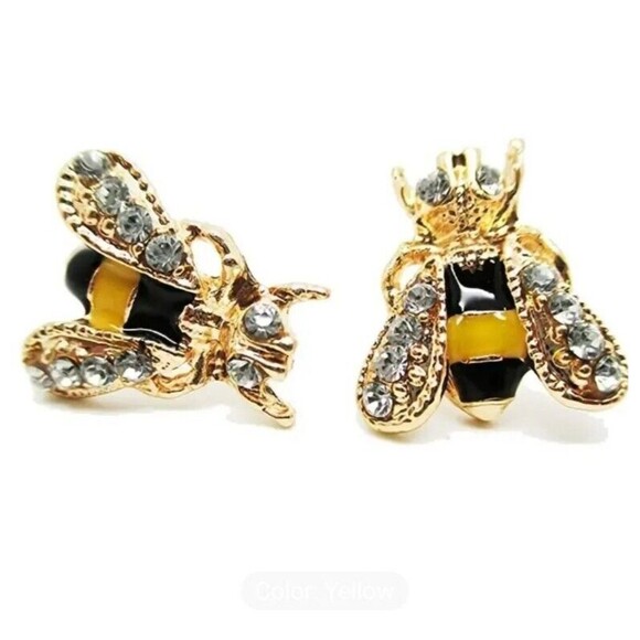 BEE Gold Black Yellow Enamel BEES Rhinestone Wings Eyes - Picture 3 of 4